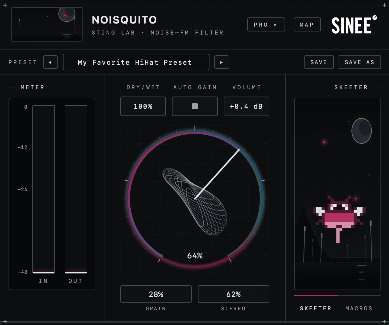 Noisquito Easy view: in/out meters, the grain visualizer and Skeeter's night scene panel
