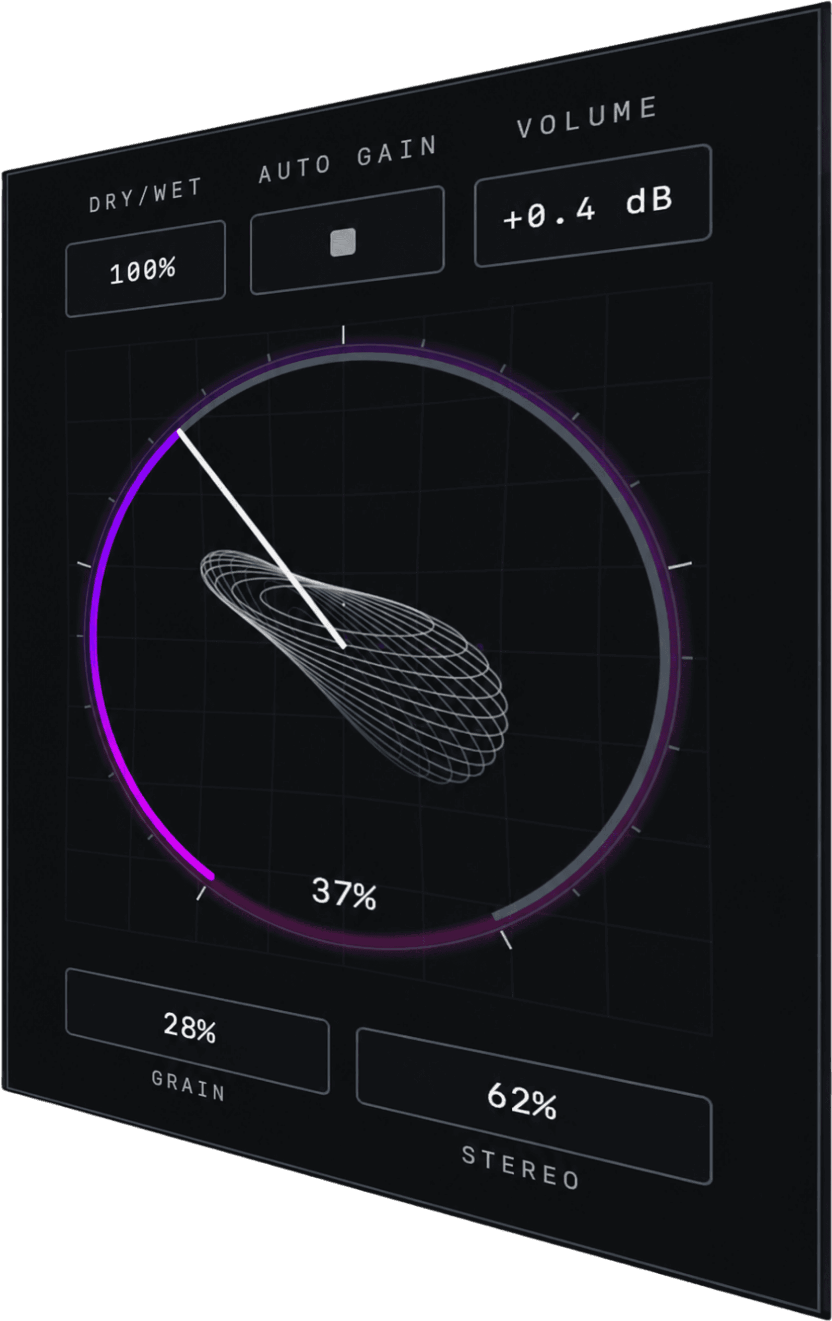 Noisquito plugin interface in perspective: a magenta modulation ring around a live grain visualizer, with dry/wet, auto gain, volume, grain and stereo controls
