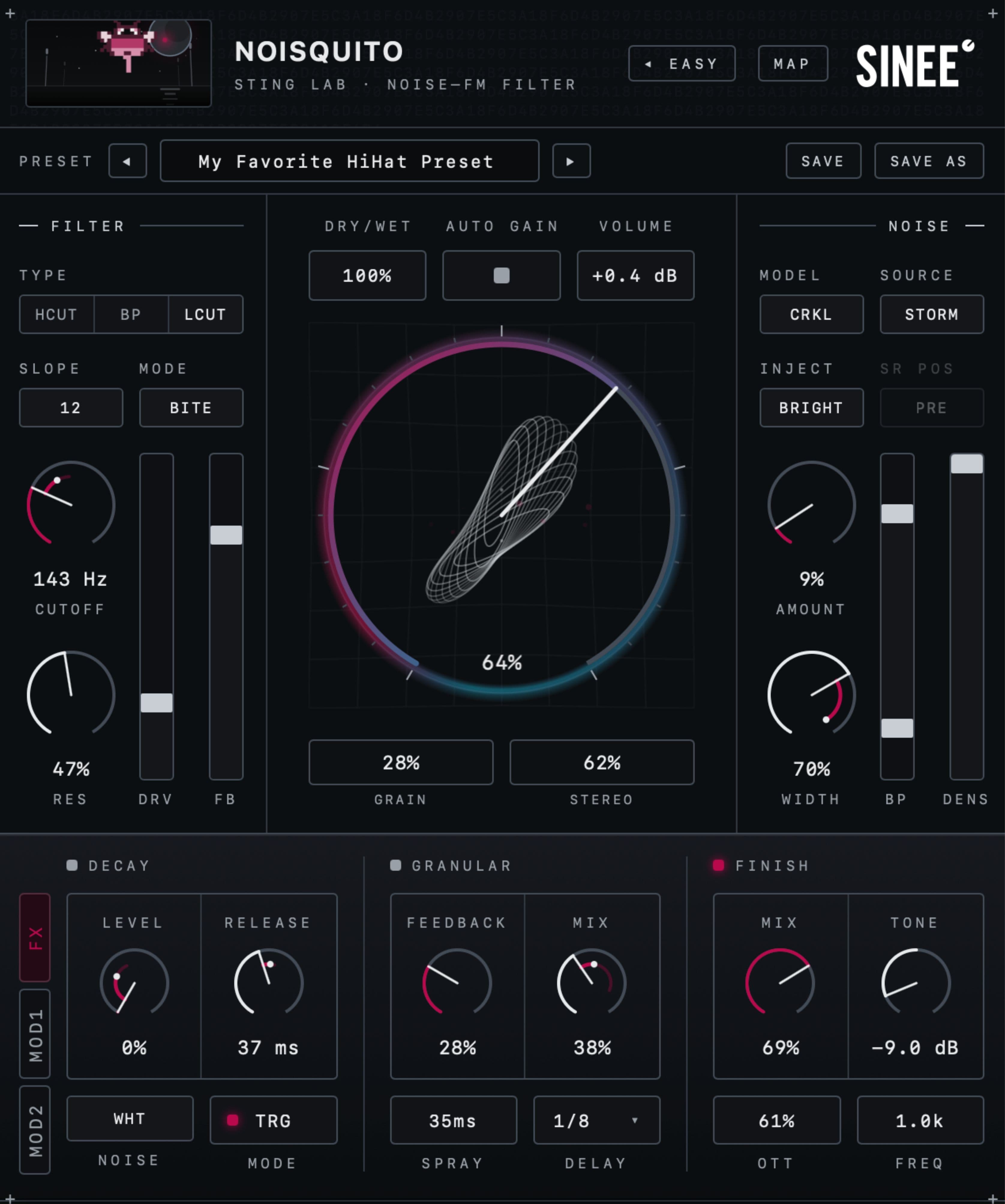 Noisquito Pro view: filter and noise sections framing the grain visualizer, with decay, granular and finish FX lanes below