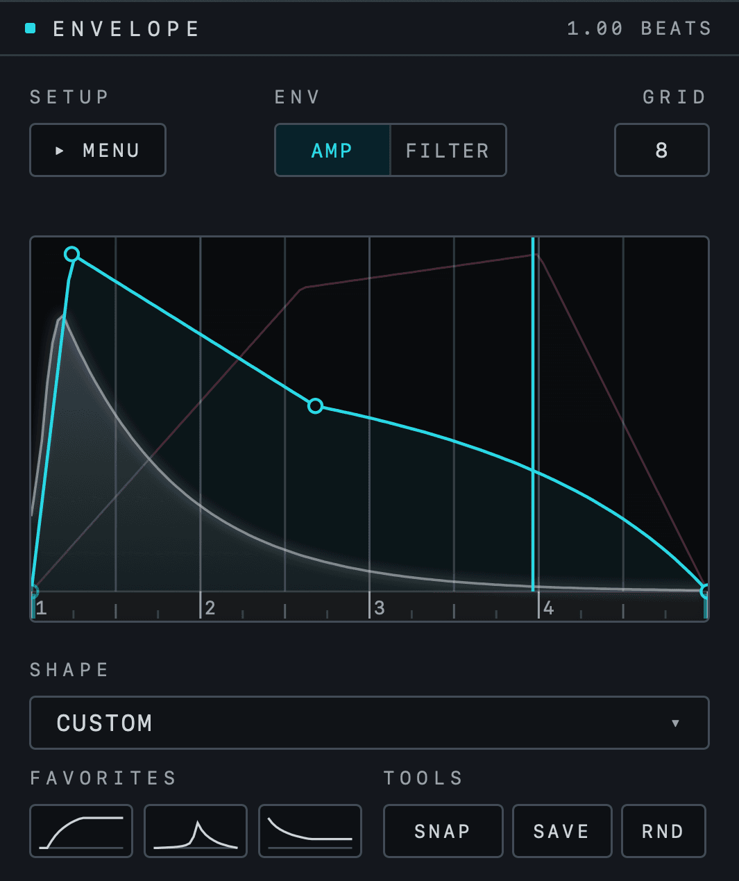 Draw envelope in Kikzilla 2 with editable points, curved segments and grid controls.