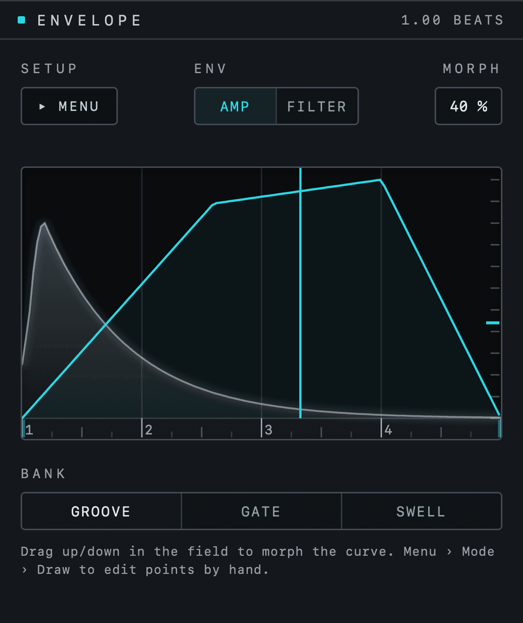 Morph envelope in Kikzilla 2 with the Groove, Gate and Swell banks and the kick waveform beneath the curve.