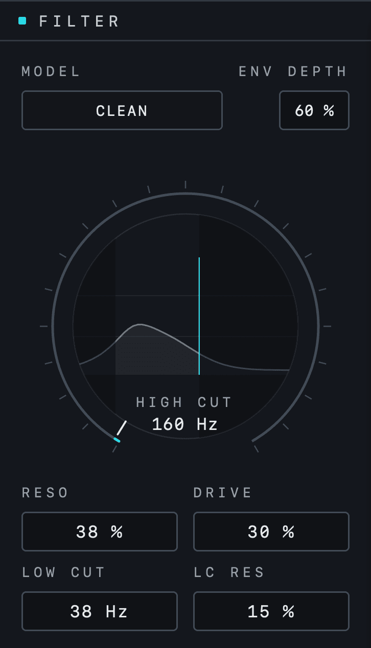 The filter column in Kikzilla 2: model, env depth, the orb with the bass analyzer and the high cut, then reso, drive, low cut and its resonance.