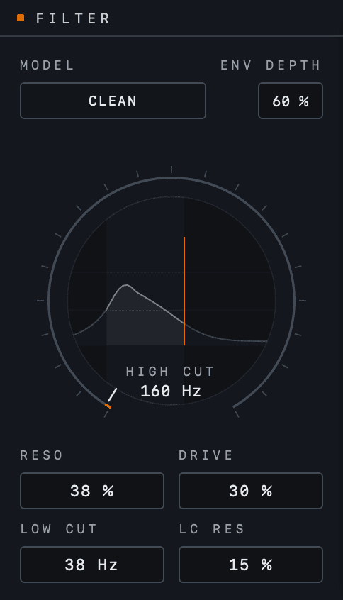 The filter column in Kikzilla Lite: model and env depth, the orb with the bass analyzer and the high cut, then reso, drive, low cut and its resonance.