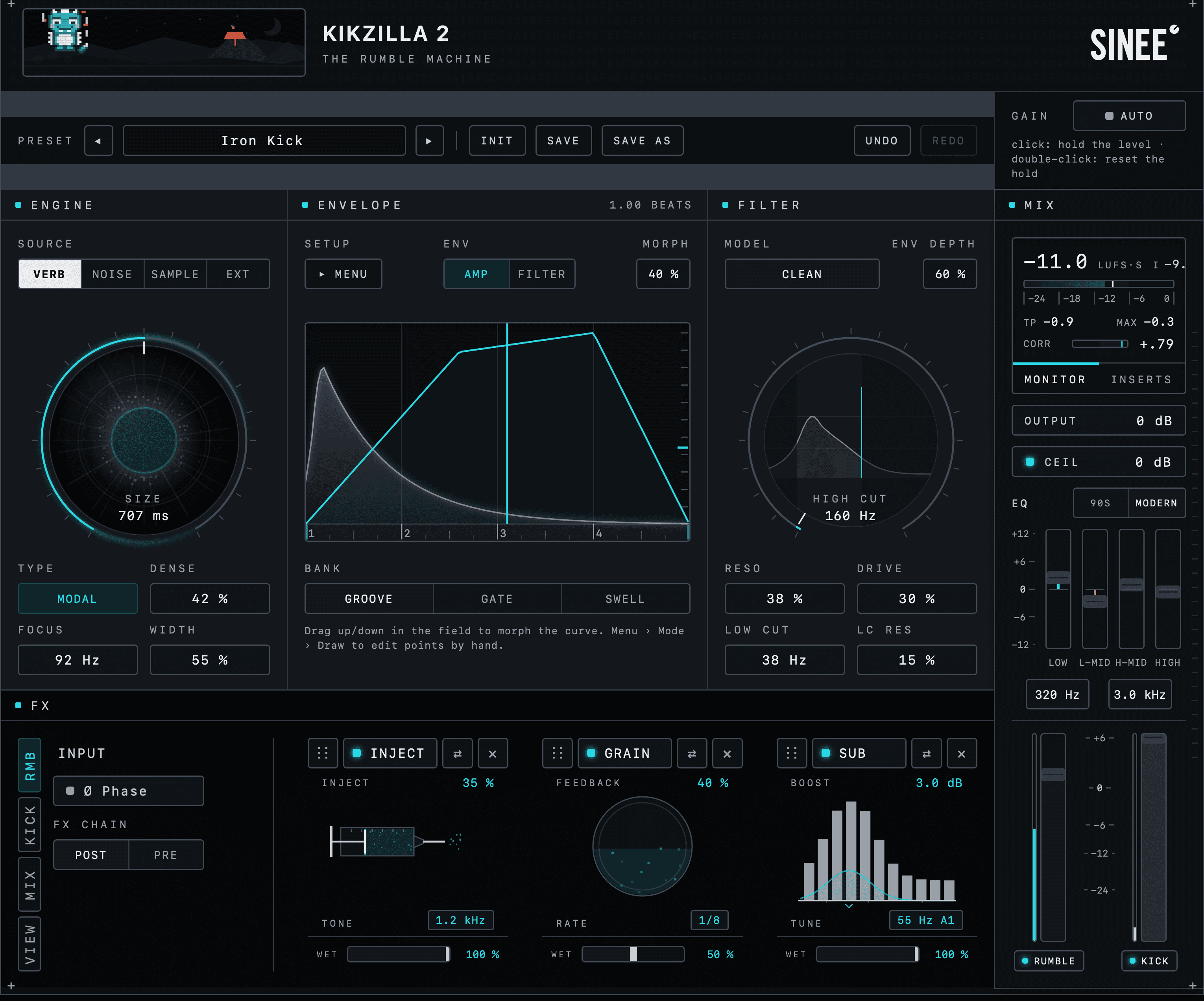 Full Kikzilla 2 interface with the source engine, two envelopes, character filter, three FX chains and mix section highlighted.