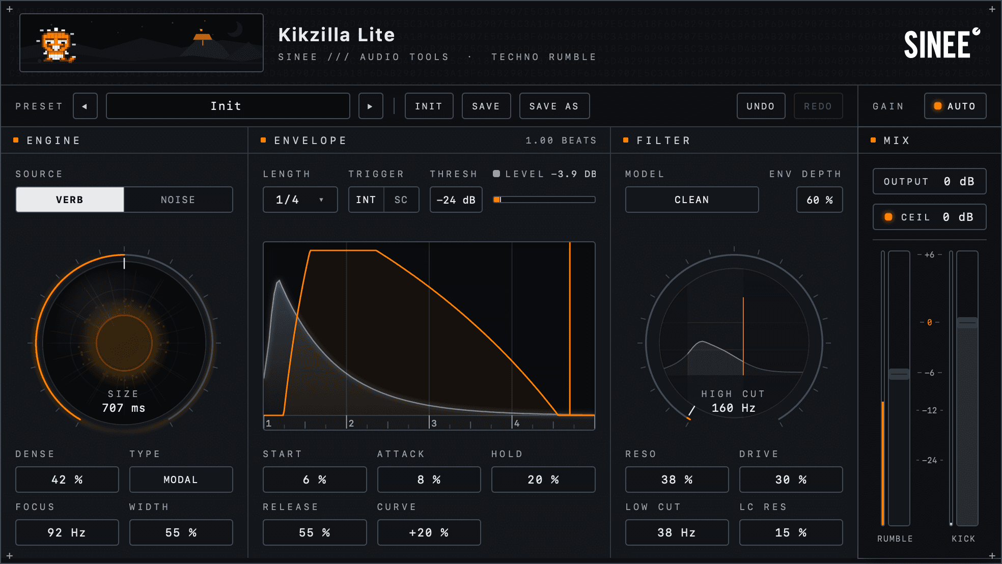 The whole Kikzilla Lite panel: header with Baby Zilla, preset bar with auto gain, then engine, envelope, filter and mix side by side.